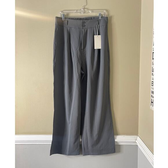 Halara Large Petite High Waist Button Front Shirred Straight Leg Work Pants - Picture 4 of 10